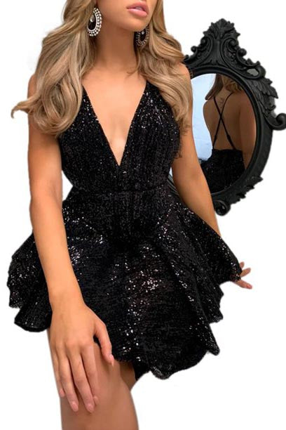 Shiny Spaghetti Straps A line Sequined Short Black Formal Homecoming Dresses OMH0023