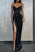 Sexy Mermaid Black Spaghetti Straps V Neck Long Prom Dresses with High Slit OM0096