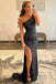 Sheath Fuchsia Sequins One Shoulder Sleeveless Slit Prom Dresses, Evening Dresses OM0318