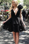 Chic A Line Black V neck Short Prom Dresses with Flowers, Homecoming Dresses OM0114