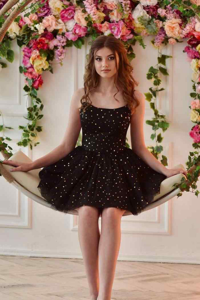 A Line Black Spaghetti Straps Tulle Homecoming Dresses with Stars, Graduation Dress OMH0227