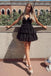 Cute Black Spaghetti Straps V Neck Tiered Short Homecoming Dress, Sweet 16 Dress OMH0247