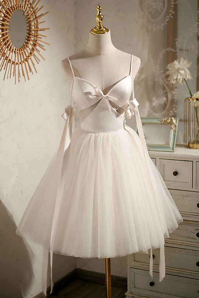 A Line Tulle Ivory Spaghetti Straps V Neck Tulle Short Prom Dress, Homecoming Dresses OMH0126