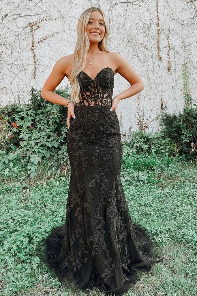 Black Mermaid Sweetheart Strapless Prom Dresses With Appliques, Evening Gowns OM0361