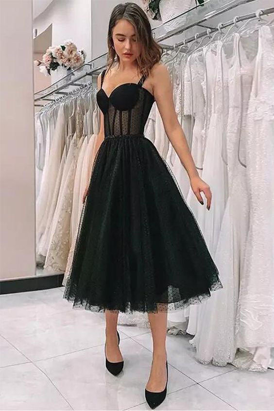 Simple A line Black Sweetheart Straps Tea Length Prom Dresses, Short Black Dresses OM0133