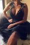 Sexy A Line Black Lace Appliques V Neck Short Prom Dress, Tulle Mini Homecoming Dress OMH0236