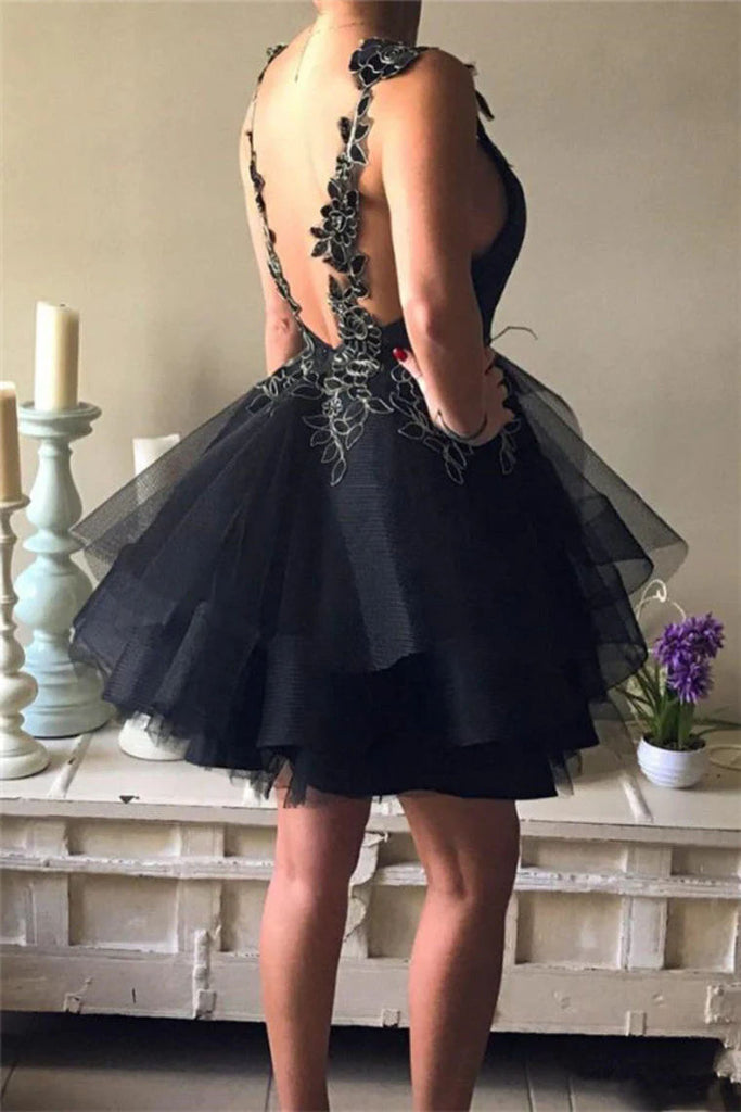 Sexy A Line Black Lace Appliques V Neck Short Prom Dress, Tulle Mini Homecoming Dress OMH0236