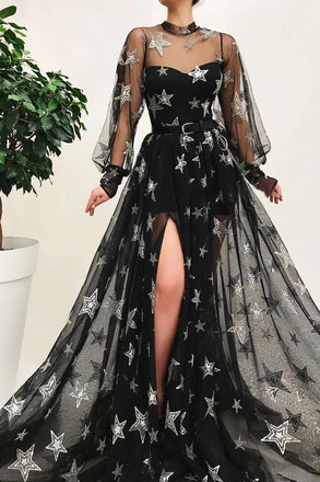 Sparkly A Line Black Long Sleeves High Neck Prom Dress with Stars, Unique Slit Formal Dress OM0243