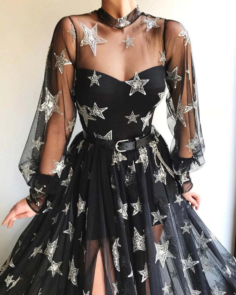 Sparkly A Line Black Long Sleeves High Neck Prom Dress with Stars, Unique Slit Formal Dress OM0243