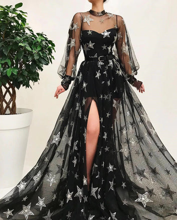 Sparkly A Line Black Long Sleeves High Neck Prom Dress with Stars, Unique Slit Formal Dress OM0243
