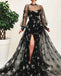 Sparkly A Line Black Long Sleeves High Neck Prom Dress with Stars, Unique Slit Formal Dress OM0243