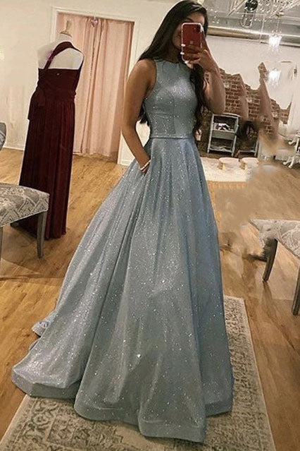 Sparkly A line Blue Bateau Prom Dresses with Pockets, Long Formal Evening Dresses OM0152