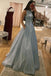 Sparkly A line Blue Bateau Prom Dresses with Pockets, Long Formal Evening Dresses OM0152