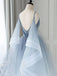 Blue Tulle Spaghetti Straps A Line V Neck Homecoming Dresses Short Prom Dress OMH0142