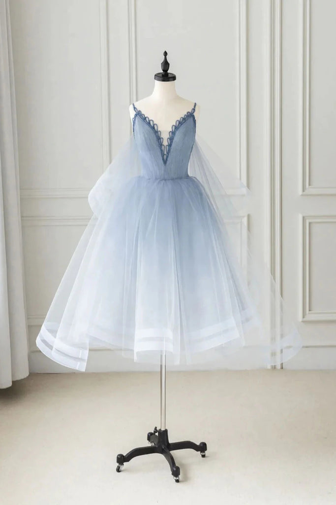 Blue Tulle Spaghetti Straps A Line V Neck Homecoming Dresses Short Prom Dress OMH0142