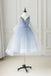 Blue Tulle Spaghetti Straps A Line V Neck Homecoming Dresses Short Prom Dress OMH0142