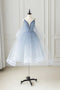 Blue Tulle Spaghetti Straps A Line V Neck Homecoming Dresses Short Prom Dress OMH0142