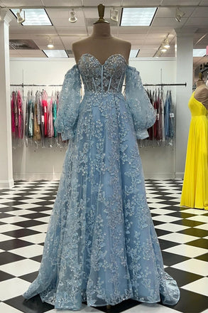 Sparkly A line Blue Sweetheart Strapless Appliques Prom Dresses with Slit Pockets OM0255