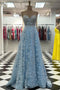 Sparkly A line Blue Sweetheart Strapless Appliques Prom Dresses with Slit Pockets OM0255