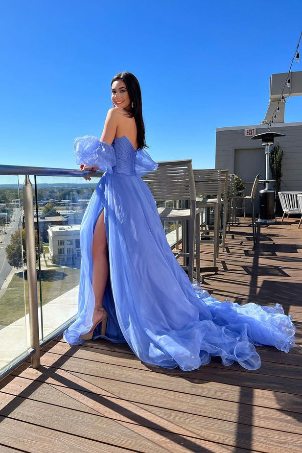 A Line Blue V Neck Strapless Tulle Long Prom Dresses With Slit, Sleeveless Formal Dress OM0344
