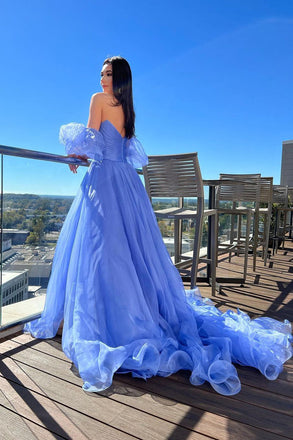 A Line Blue V Neck Strapless Tulle Long Prom Dresses With Slit, Sleeveless Formal Dress OM0344