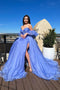 A Line Blue V Neck Strapless Tulle Long Prom Dresses With Slit, Sleeveless Formal Dress OM0344