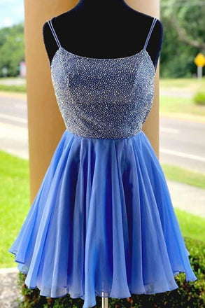 A line Spaghetti Straps Chiffon Blue Homecoming Dresses with Beading, Cocktail Dress OMH0038