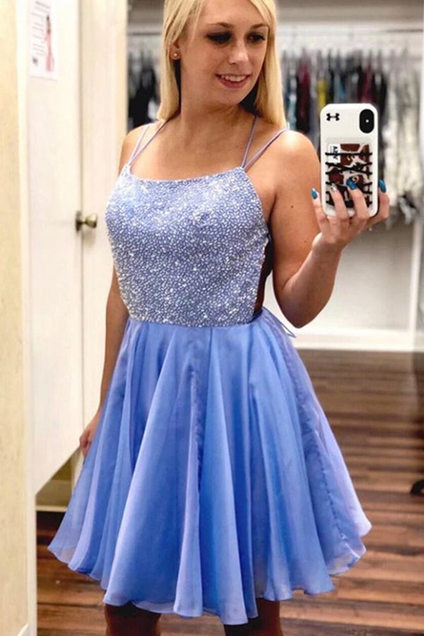 A line Spaghetti Straps Chiffon Blue Homecoming Dresses with Beading, Cocktail Dress OMH0038