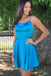 Simple A line Tie Back Blue Short Hoco Dress, Above Knee Sweet 16 Dresses OMH0120