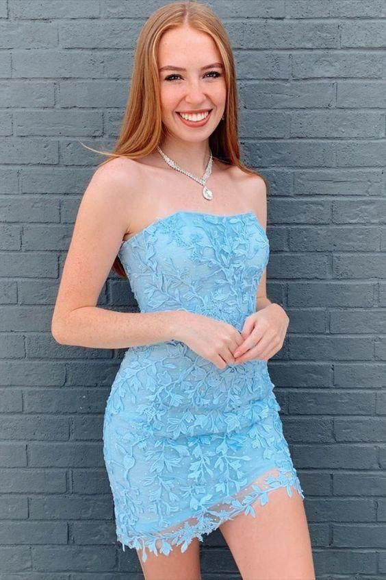 Tight Strapless Blue Lace Appliques Short Homecoming Dresses, Mini Cocktail Dress OMH0144