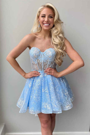 Sky Blue Lace Corset Detachable Sleeve Sweetheart Strapless Short Homecoming Dress OMH0182