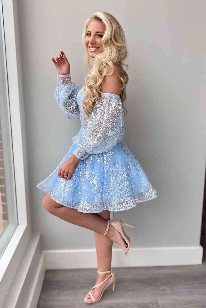 Sky Blue Lace Corset Detachable Sleeve Sweetheart Strapless Short Homecoming Dress OMH0182