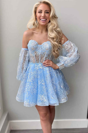 Sky Blue Lace Corset Detachable Sleeve Sweetheart Strapless Short Homecoming Dress OMH0182