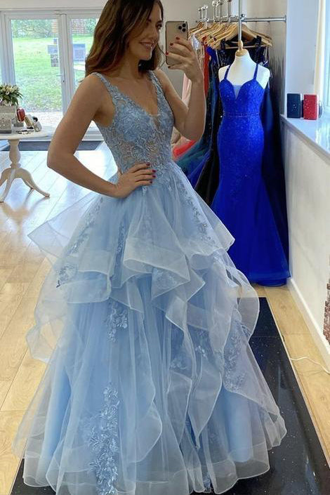 Princess Long Blue Lace Tulle Tiered V Neck Prom Dresses, Sweet 16 Gra trendtydresses Princess Long Blue Lace Tulle Tiered V Neck Prom Dresses, Sweet 16 Gra trendtydresses