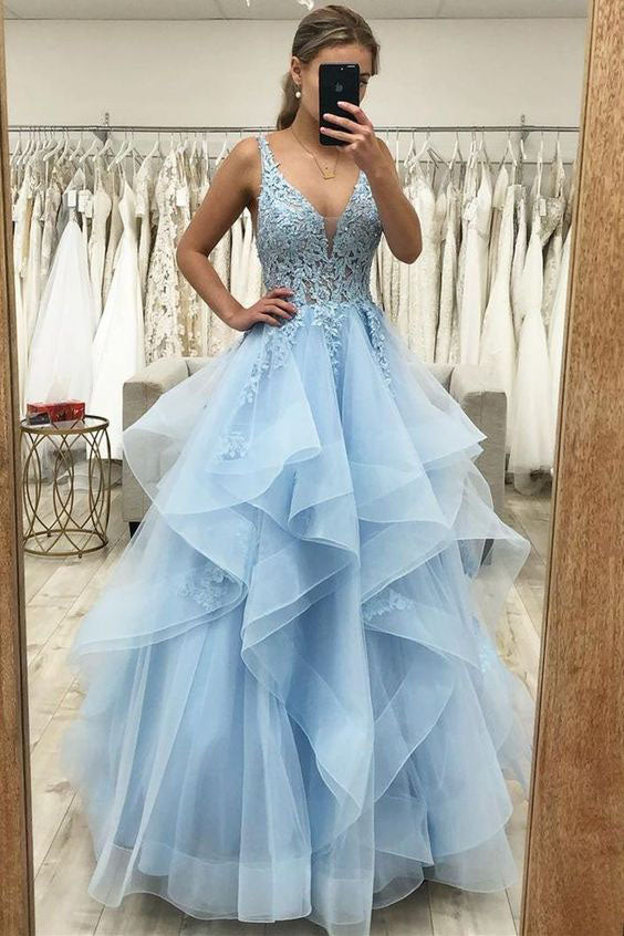 Princess Long Blue Lace Tulle Tiered V Neck Prom Dresses, Sweet 16 Gra trendtydresses Princess Long Blue Lace Tulle Tiered V Neck Prom Dresses, Sweet 16 Gra trendtydresses