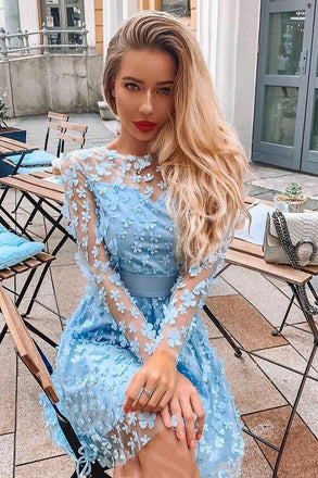 Long Sleeves Jewel Appliques Above Knee Short Prom Dresses, Homecoming Dress OMH0061