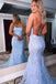 Blue Mermaid Lace Appliques Scoop Prom Dresses With Tulle, Party Dresses OM0362