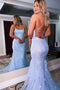 Blue Mermaid Lace Appliques Scoop Prom Dresses With Tulle, Party Dresses OM0362