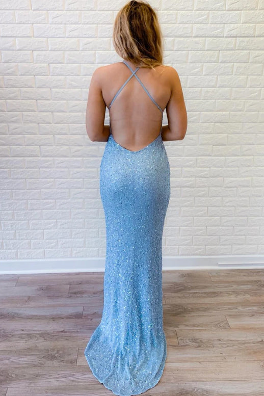 Sparkly Royal Blue Mermaid Sequined Long Prom Evening Dresses with Open Back OM0161