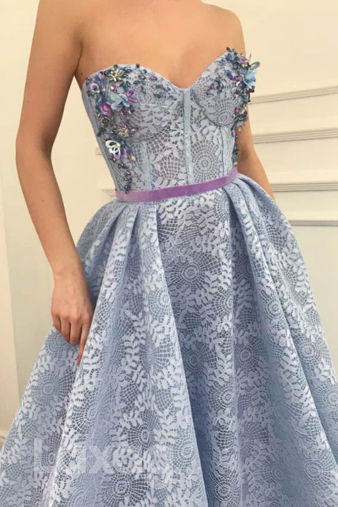 Stunning A-Line Sweetheart Light Blue Lace Prom Dress with Pockets Beading PDQ95