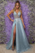 Elegant A line V neck Long Prom Dresses, Blue Cheap Tulle Formal Dresses with Appliques OM0198