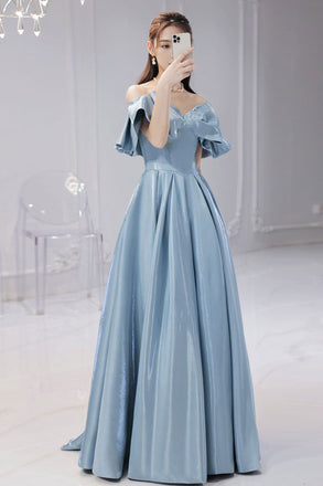 Simple A line Satin Blue Off the Shoulder Prom Dresses, Long Lace up Formal Dresses OM0194