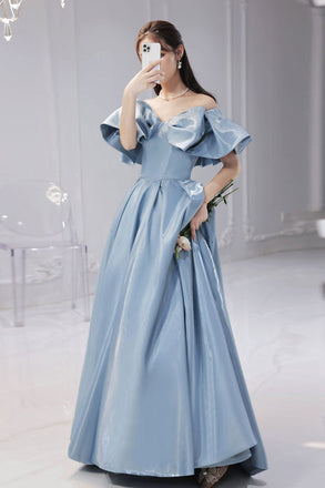 Simple A line Satin Blue Off the Shoulder Prom Dresses, Long Lace up Formal Dresses OM0194