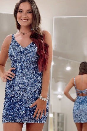 Sparkly V neck Navy Blue Sequined Tight Short Graduation Dresses, Homecoming Dress OMH0031