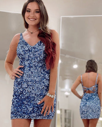 Sparkly V neck Navy Blue Sequined Tight Short Graduation Dresses, Homecoming Dress OMH0031