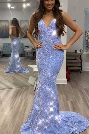 Glitter Blue Sequins Mermaid V Neck Backless Long Prom Dresses, Party Dresses OM0083