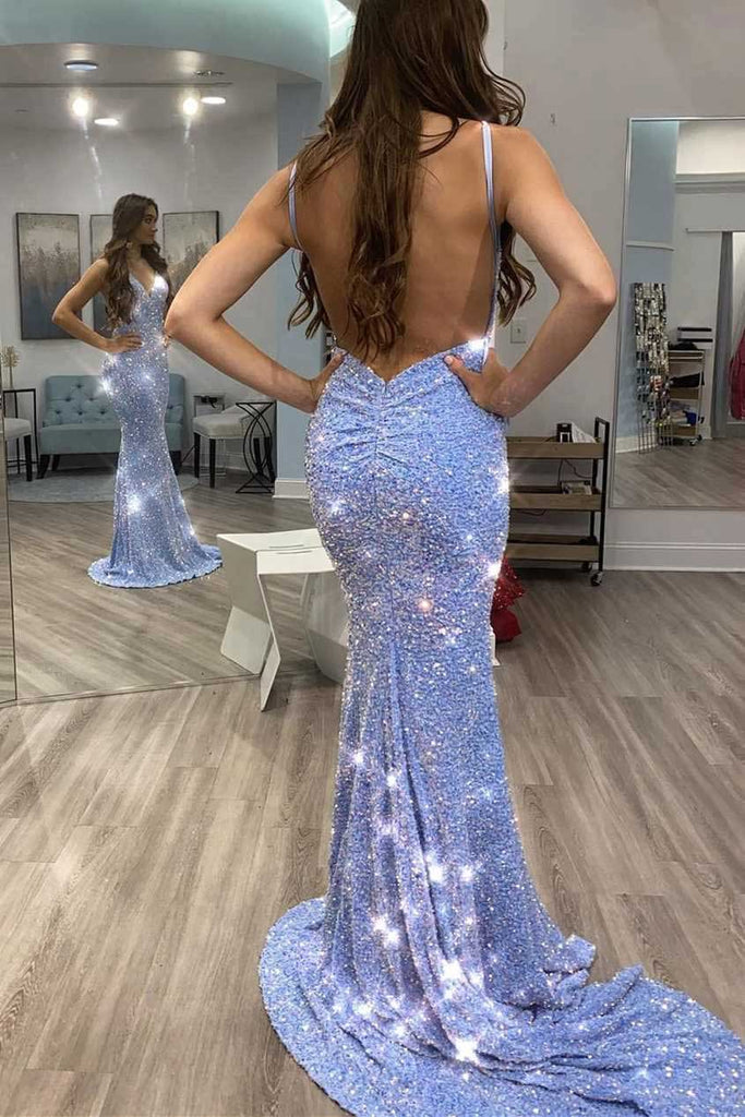 Glitter Blue Sequins Mermaid V Neck Backless Long Prom Dresses, Party Dresses OM0083