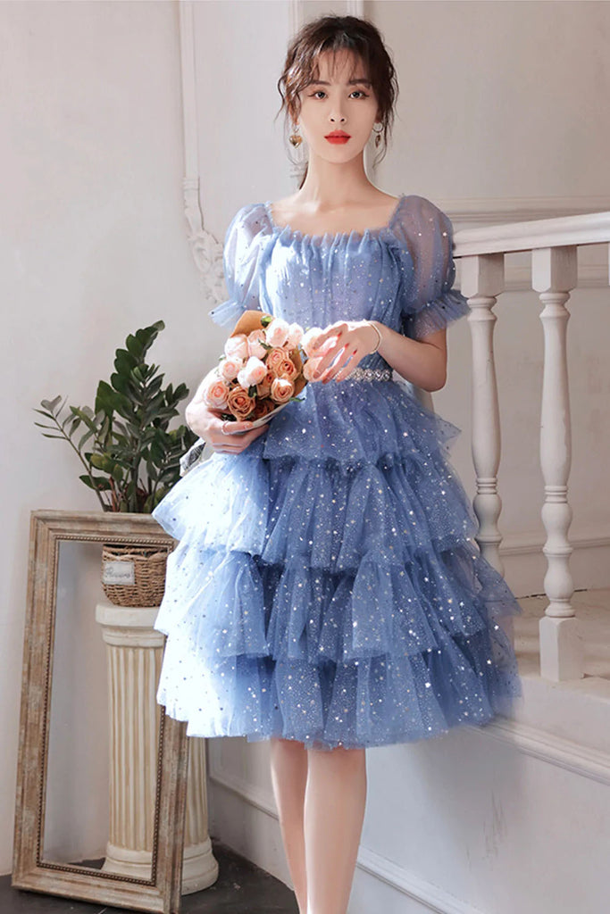 Glitter A Line Blue Sequins Tulle Tiered Homecoming Dresses, New Style Prom Dress OMH0224