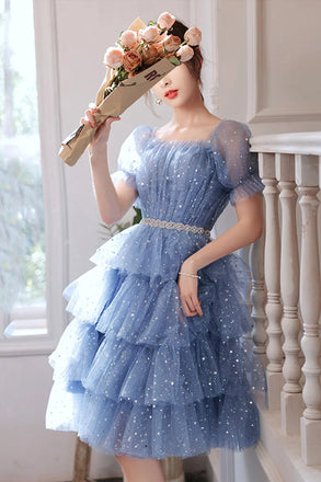 Glitter A Line Blue Sequins Tulle Tiered Homecoming Dresses, New Style Prom Dress OMH0224