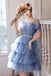 Glitter A Line Blue Sequins Tulle Tiered Homecoming Dresses, New Style Prom Dress OMH0224